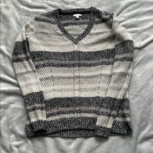 Sonoma Women's V-Neck Sweater in Gray and Black Stripes